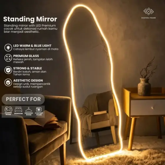 Standing mirror Led aesthetic full body rubber klasik Abstrak 40x122 Premium di Jakarta Timur