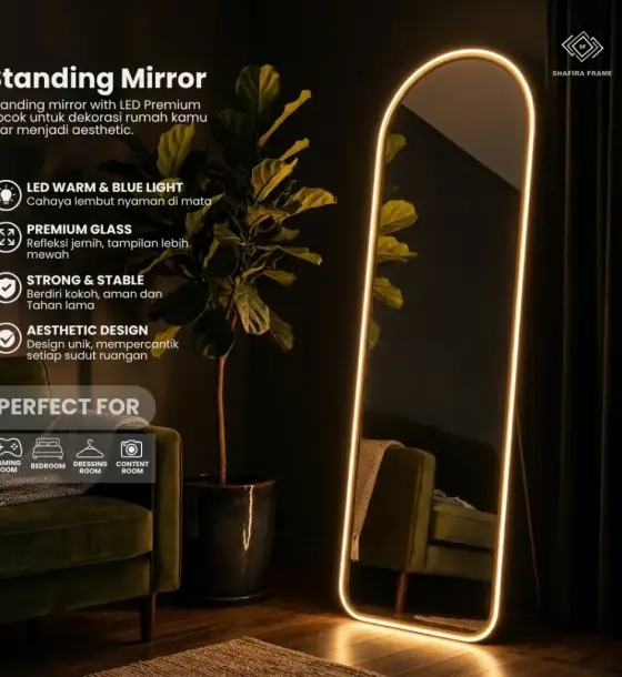 Standing Mirror Oval Round LED Rubber Aesthetic Full Body Oval 40X153 Premium di Ibun, Bandung