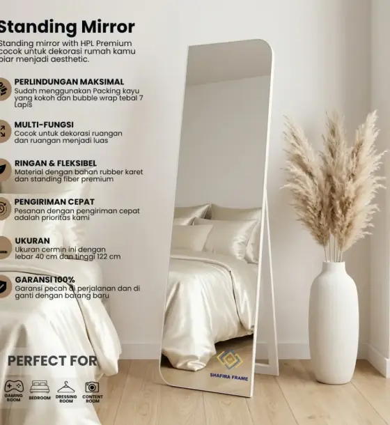 Standing Mirror HPL Motif Daun aesthetic premium ukuran 40x153 cm di Tangerang