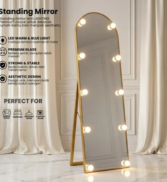 Standing Miror with Lampu Bulat aestetic ukuran 40x153 cm full body jumbo di Tapanuli Tengah