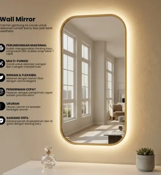 Cermin Gantung Dinding Rubber/Karet Aestetic 40x60+LED-Cermin aesthetic di Coblong, Bandung
