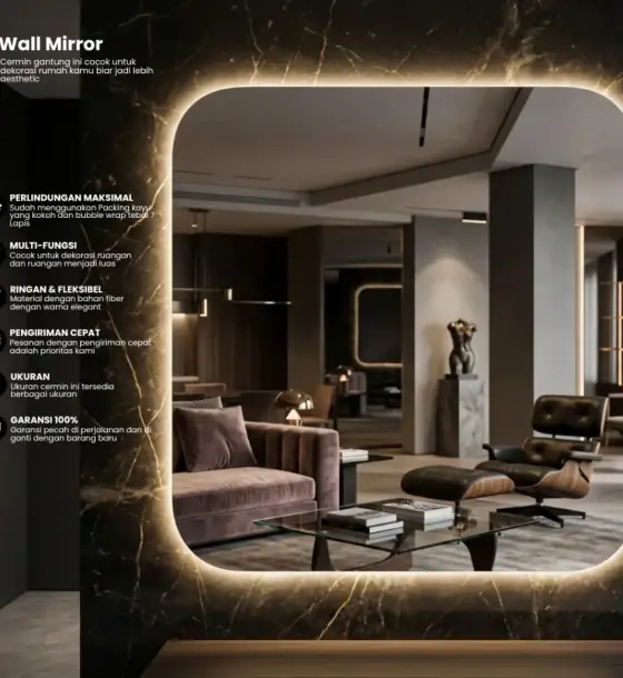 Cermin gantung frameless Lampu aestetik premium, bentuk curve, oval, daun, ukuran 40x60cm di Sawahlunto