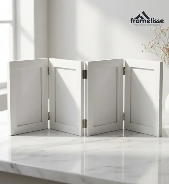 Frame Foto 4 Panel Lipat Minimalis Framelisse Warna Putih untuk Dekorasi Meja di Cikelet, Garut