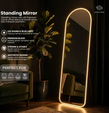Standing Mirror Oval Round LED Rubber Aesthetic Full Body Oval 40X153 Premium - Cermin & Bingkai Shafira Frame
