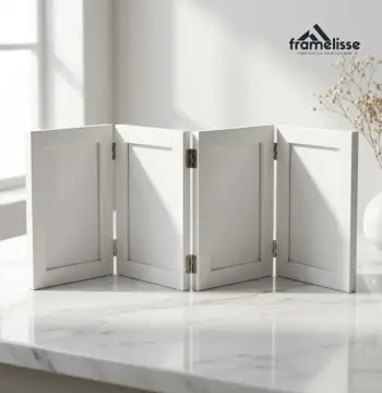 Frame Foto 4 Panel Lipat Minimalis Framelisse Warna Putih untuk Dekorasi Meja